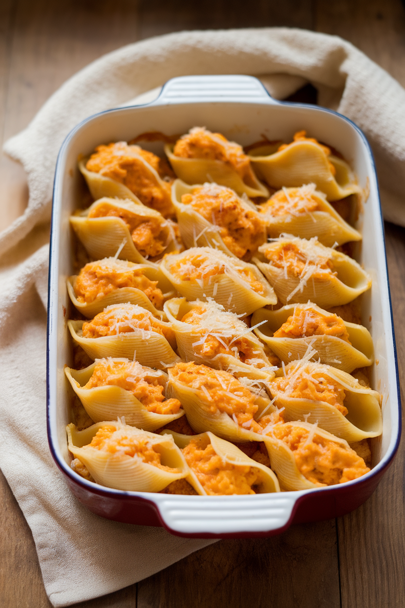 An indoor casserole dish of jumbo pasta shells filled with orange pumpkin-ricotta mixture, baked with a sprinkle of parmesan. No logos or text. Photo only.