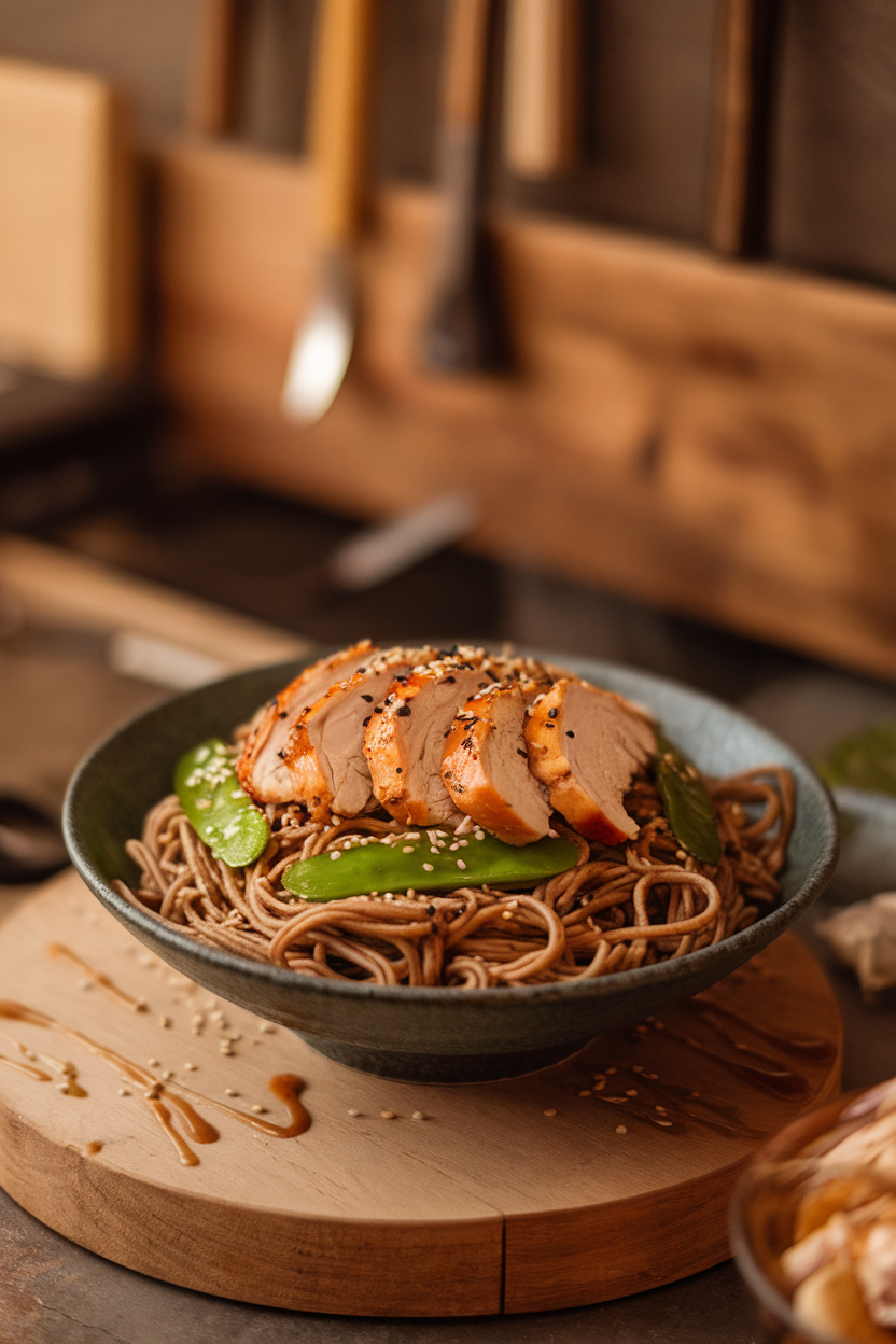Indoor photo of a wide bowl of buckwheat soba noodles topped with sliced grilled chicken, snap peas, and sesame seeds, with steam rising slightly. No logos or text.