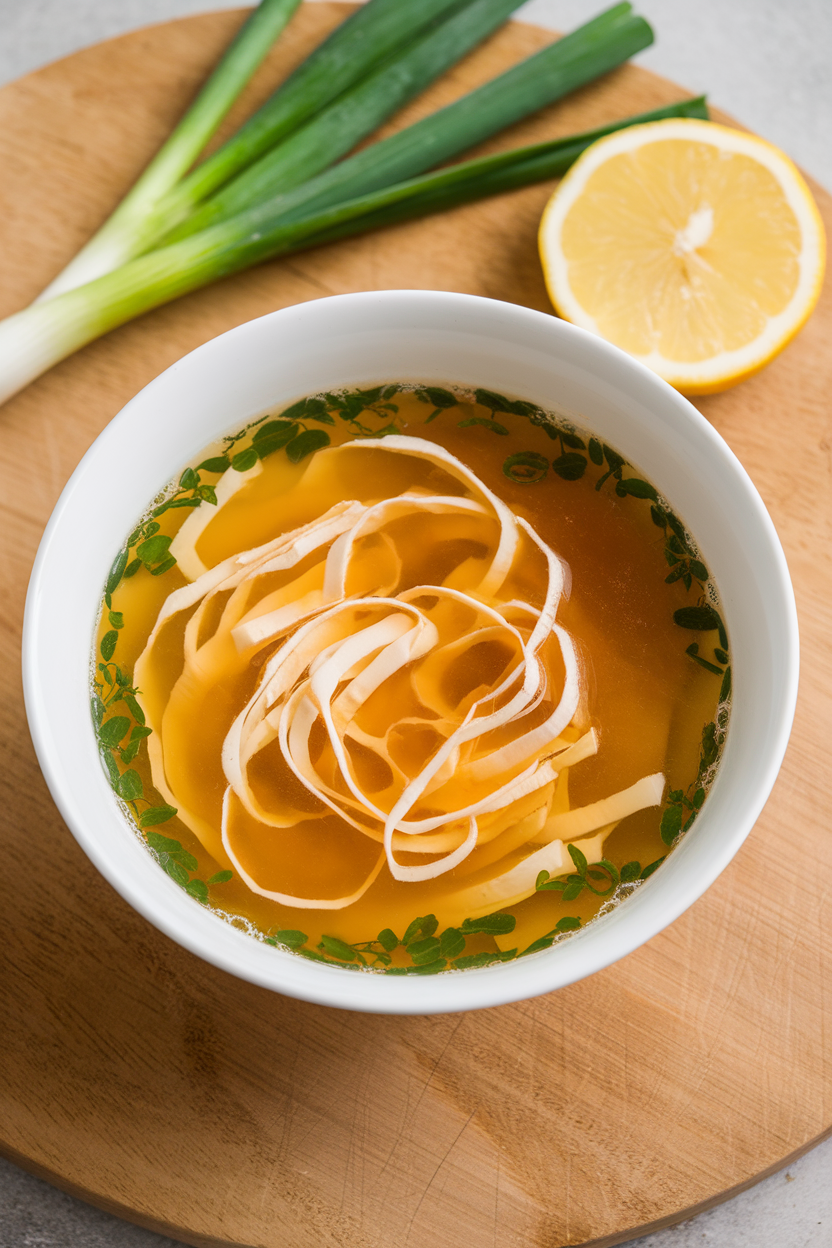 An indoor soup bowl of clear chicken broth with thin ribbons of cooked egg swirling throughout. No text or logos; photo only.