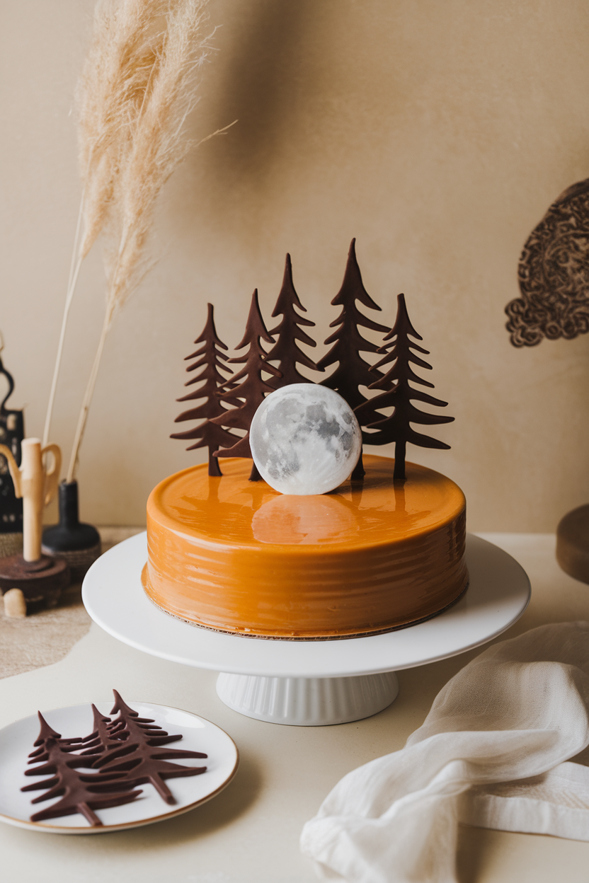 Indoor photo of a round caramel-glazed cake with a white chocolate full moon disc and dark chocolate tree silhouettes. No text or logos.