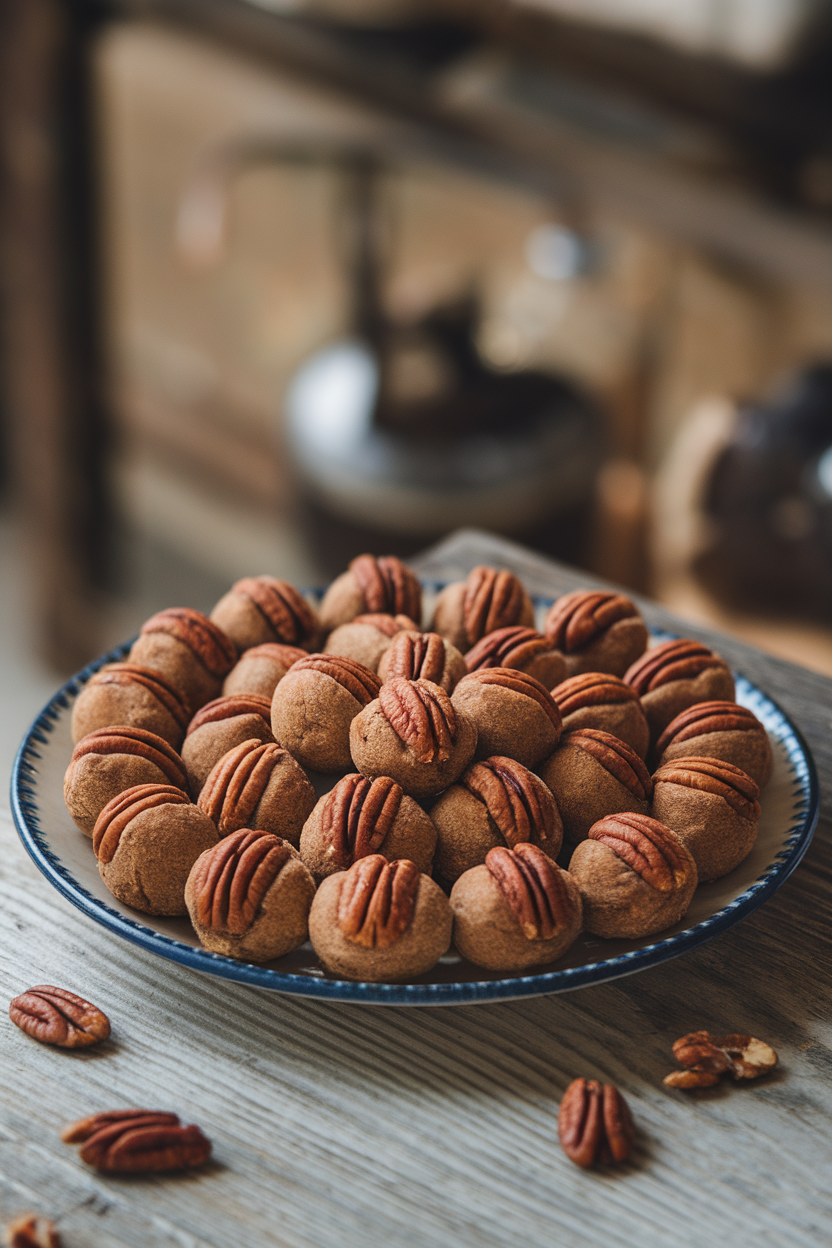 Photo of an indoor plate of round pecan date bites dusted with cinnamon; no text or logos