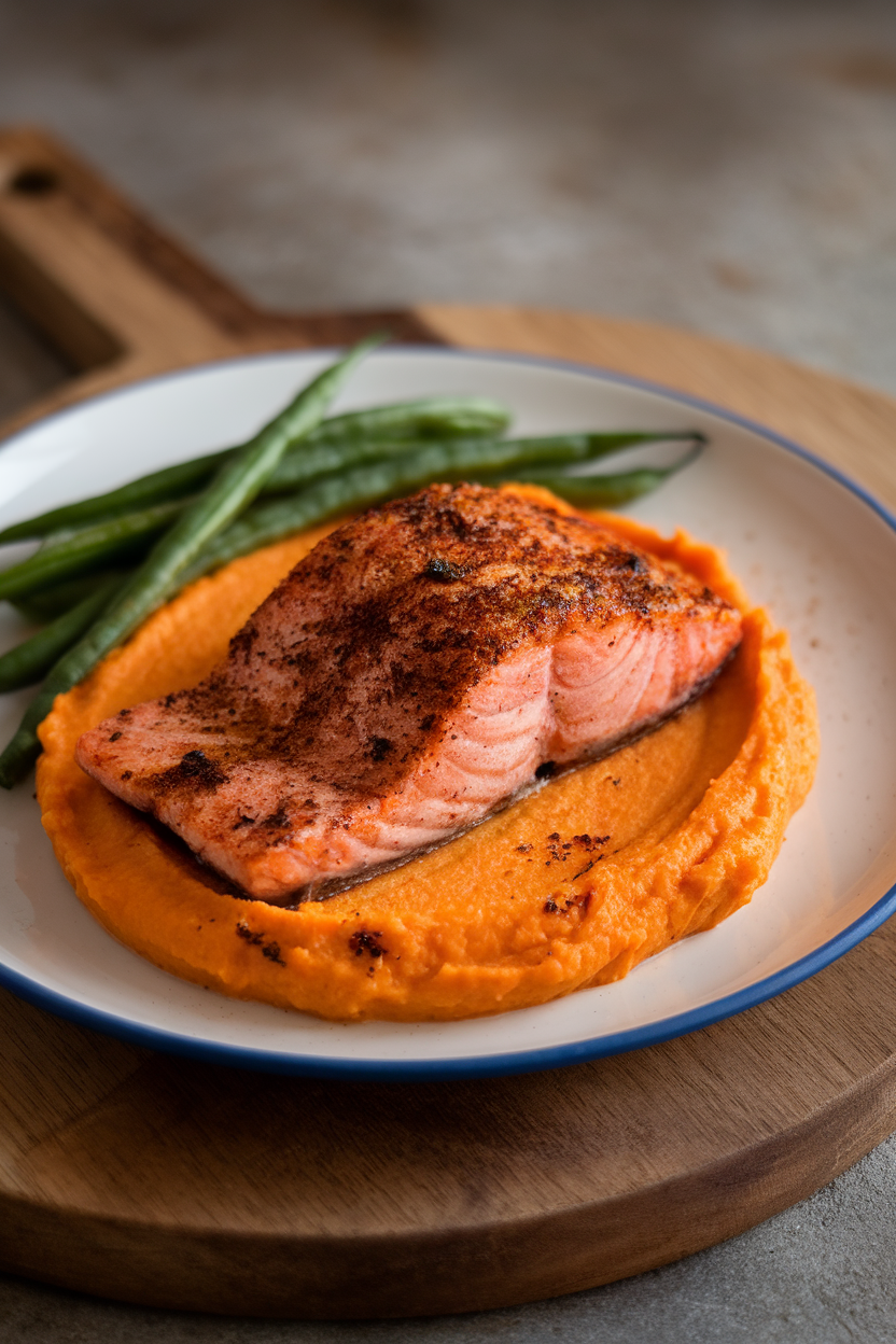 An indoor dinner plate with spice-rubbed, fully cooked salmon on a mound of creamy sweet potato mash, green beans on the side. No text or logos; photo only.