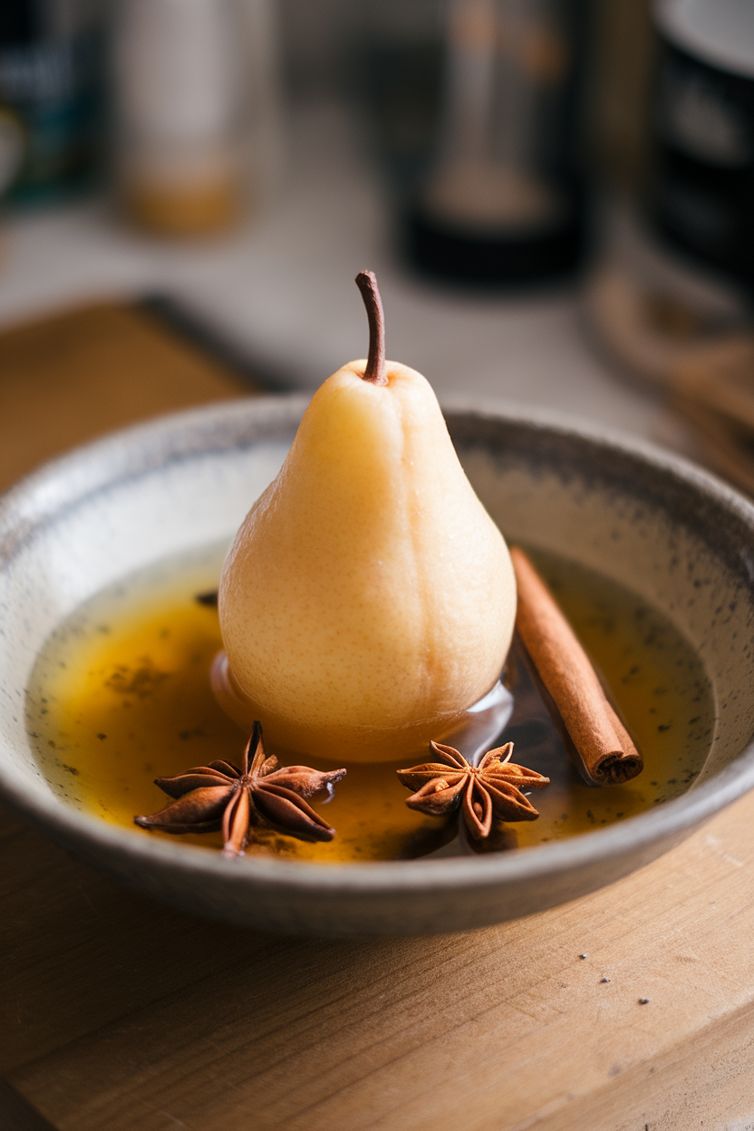 An indoor shallow bowl holding a whole poached pear standing upright in fragrant syrup, star anise and cinnamon stick floating nearby. No text or logos.