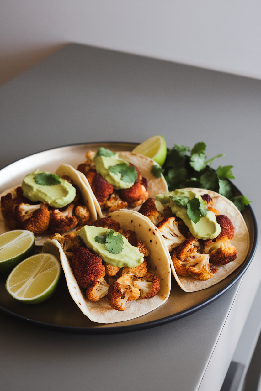 A taco platter on an indoor table featuring tortillas filled with roasted spiced cauliflower and avocado crema. No logos or text, photo only.