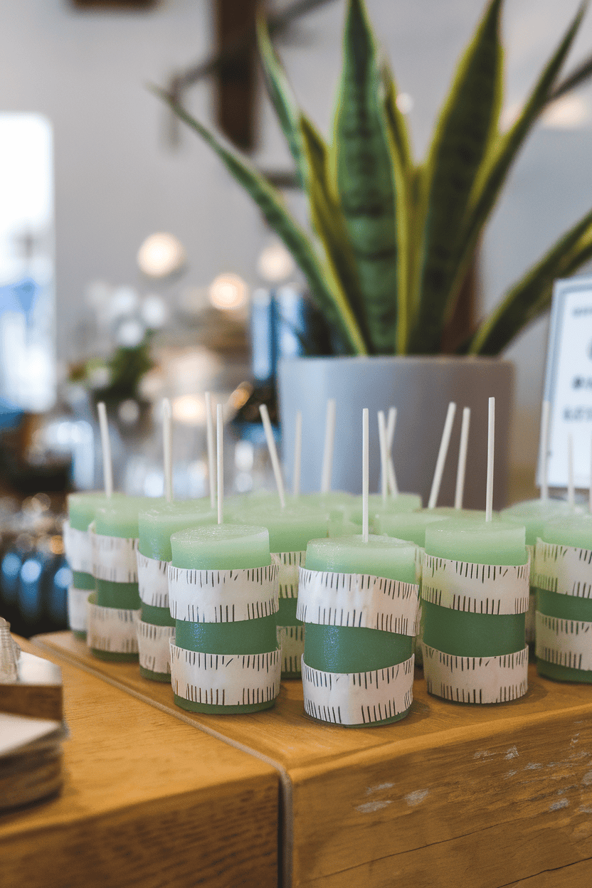 Indoor bar featuring pale green mint jello shots wrapped with thin white sugar strips like bandages, no logos visible