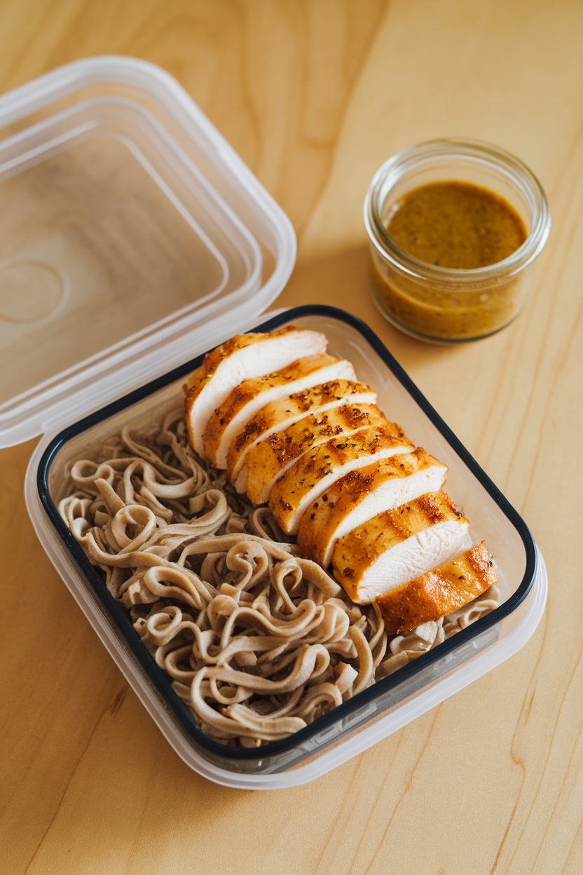 Photo of a meal prep box indoors with soba noodles, sliced cooked chicken breast, and sesame ginger dressing on the side. No text or logos.