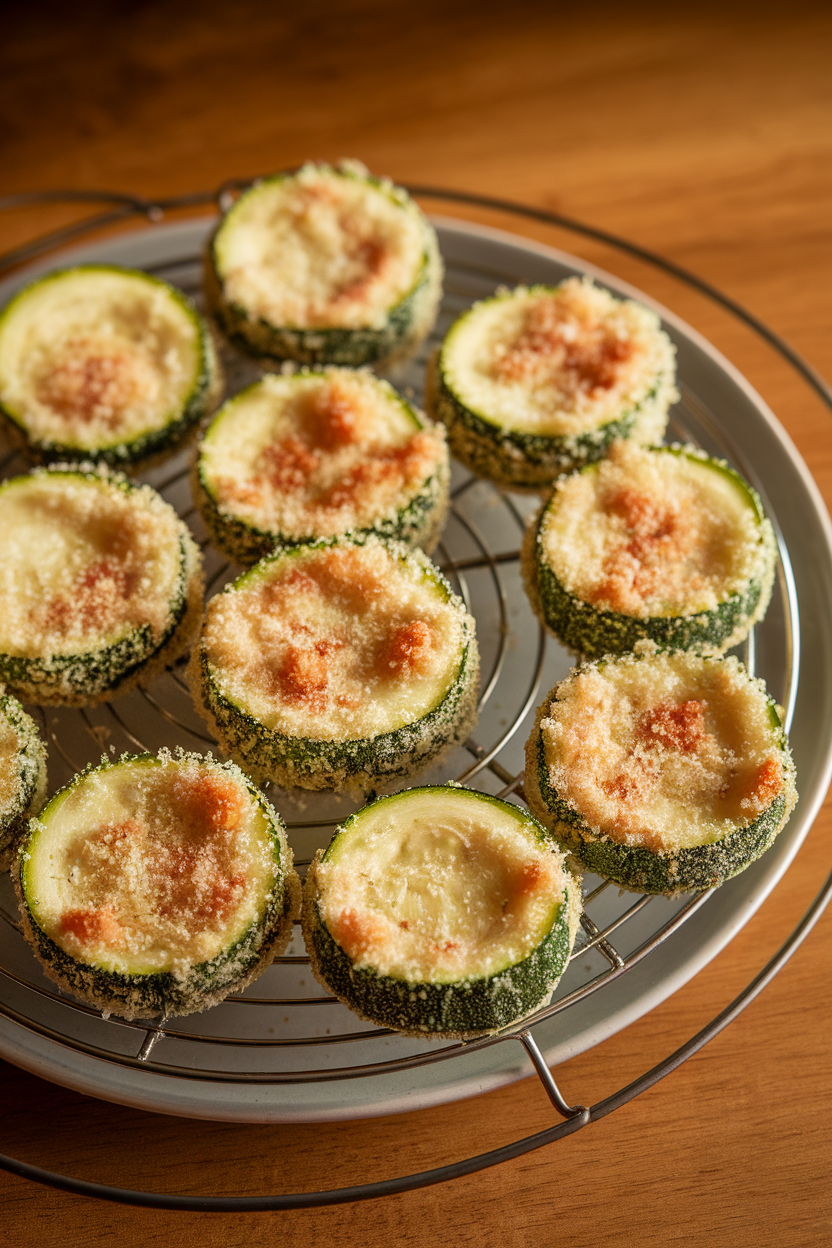 Indoor close-up of round zucchini slices coated in crispy Parmesan crust on a wire rack; warm lighting, no text or logos. Photo only.