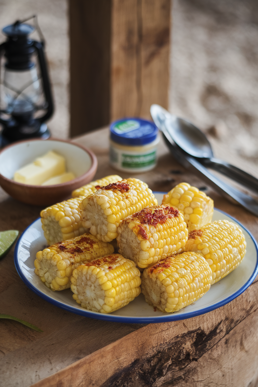 Indoor plate of quartered corn cobs roasted until edges curl, brushed with chili-lime butter. Photo, no text or logos.
