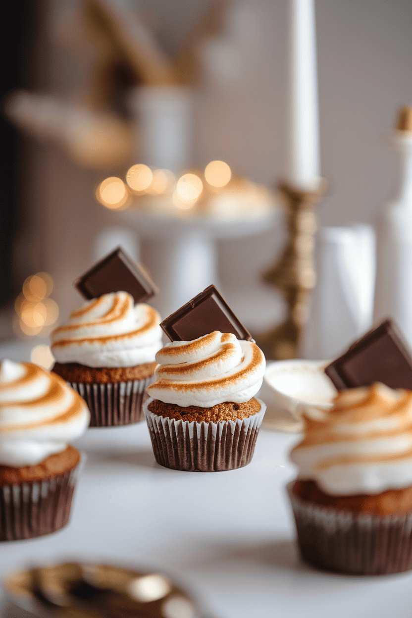 Cozy indoor photo of graham cracker cupcakes topped with toasted marshmallow frosting and a square of milk chocolate slightly melted, no text or logos