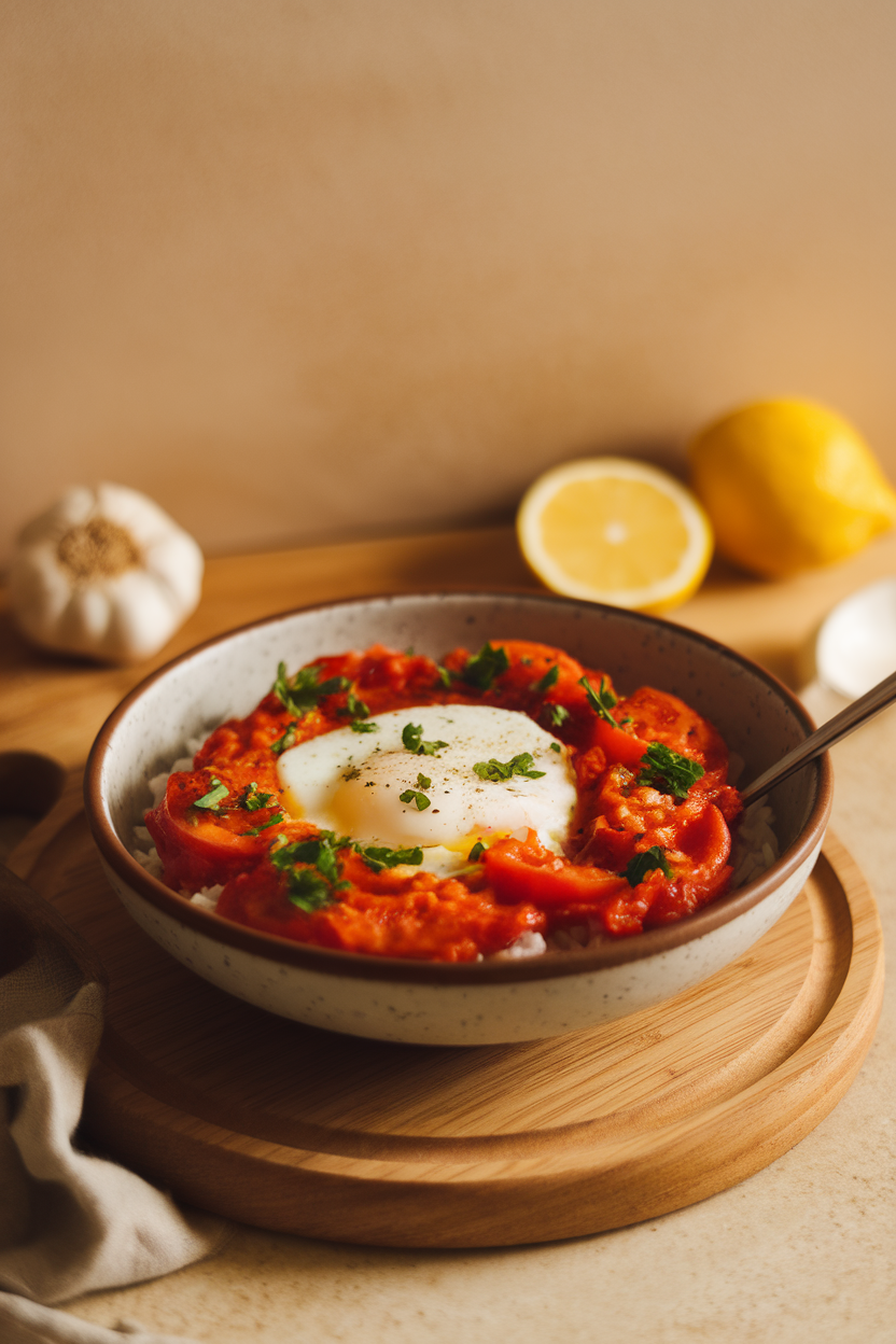 A bowl of tomato-pepper shakshuka sauce spooned over rice, crowned with a soft-poached egg and sprinkled with parsley. Indoor lighting, no logos.