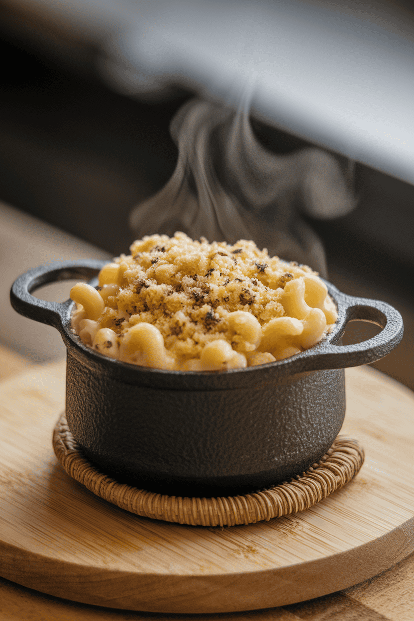 An indoor cast-iron mini pot containing bubbling macaroni and cheese topped with green breadcrumb “herbs,” steam rising gently. No logos.