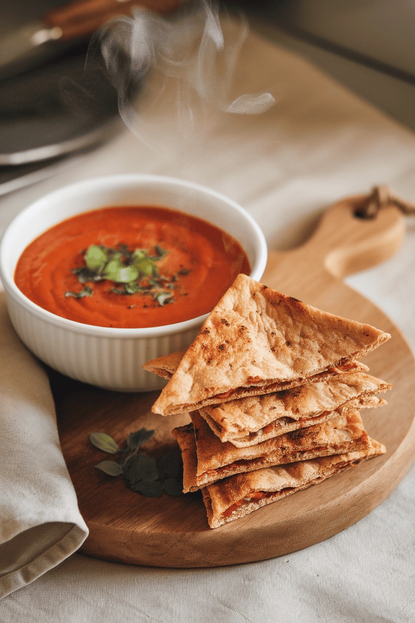 Indoors, a bowl of steaming roasted red pepper and tomato soup beside toasted whole-grain pita triangles on a wooden board. No text or logos present.