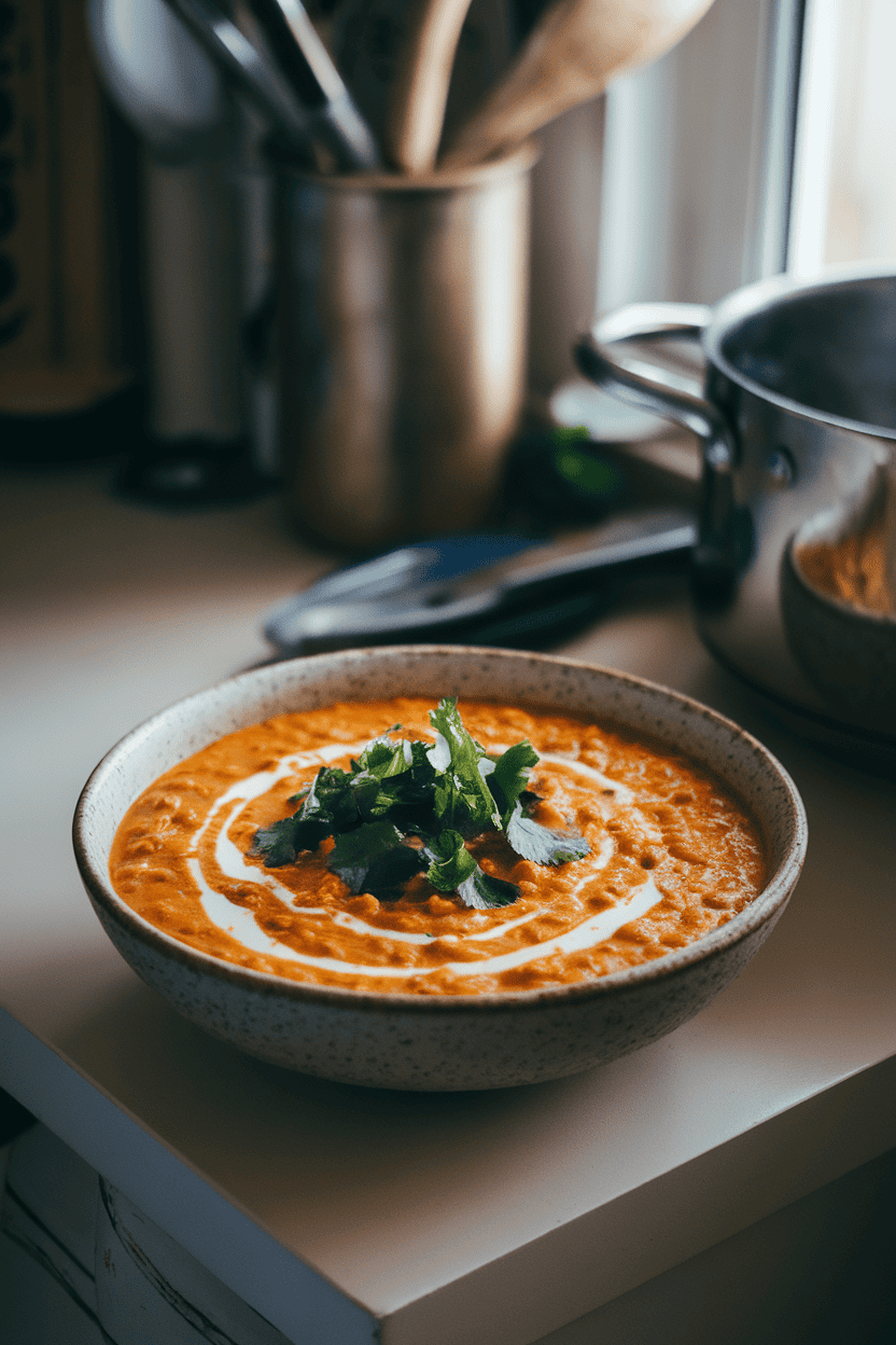 A gently lit indoor kitchen counter with a bowl of creamy orange lentil curry, coconut milk swirls visible, topped with cilantro. No text or logos.