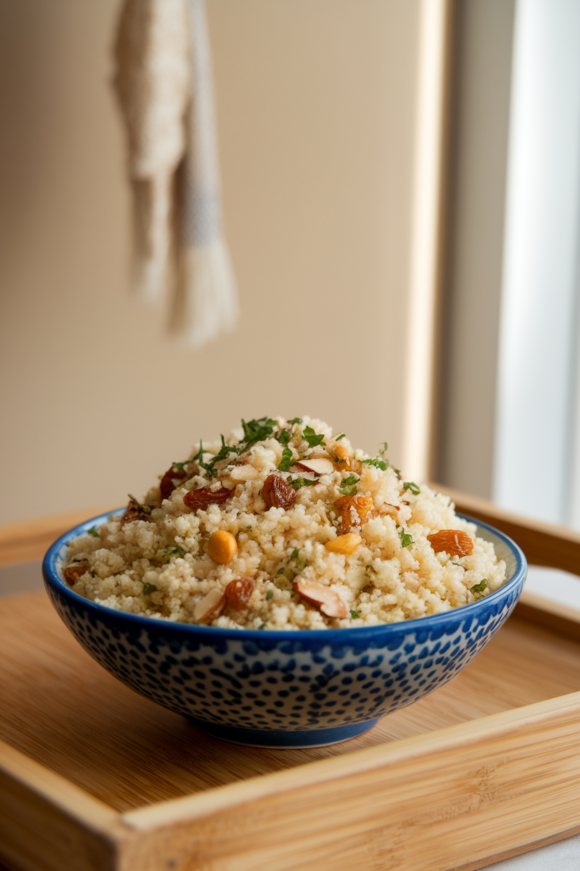 Photo of a bowl of fluffy couscous mixed with golden raisins, almonds, and chopped herbs, taken indoors near a sunny window. No text or logos visible.