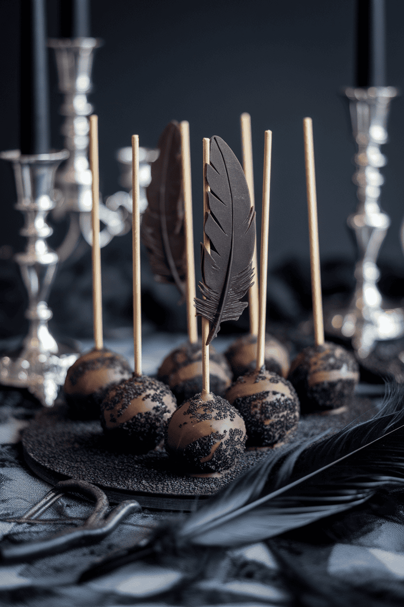 Dark chocolate-coated cake pops rolled in black sanding sugar with a single fondant raven feather accent, indoor gothic table setting; no text or logos. Photo.