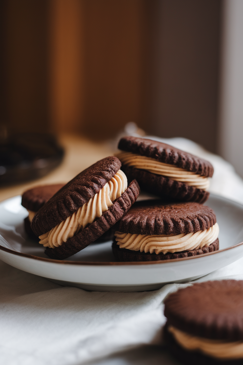 Photo of sandwich cookies with spiced chai buttercream between dark cocoa rounds, indoor table scene, no logos or text.