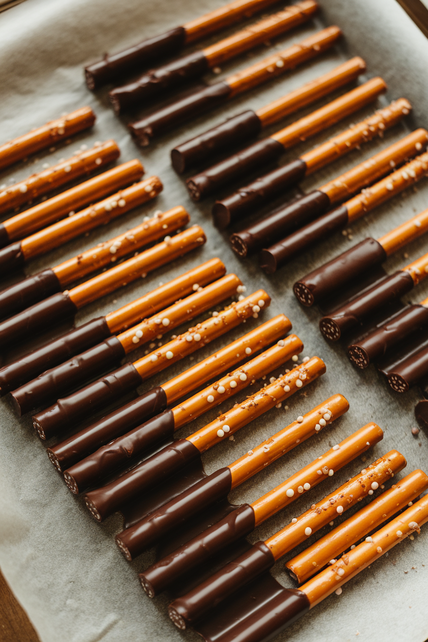 Indoor image of pretzel rods half-dipped in dark chocolate, chocolate set and slightly glossy, rods arranged on parchment. No text or logos.
