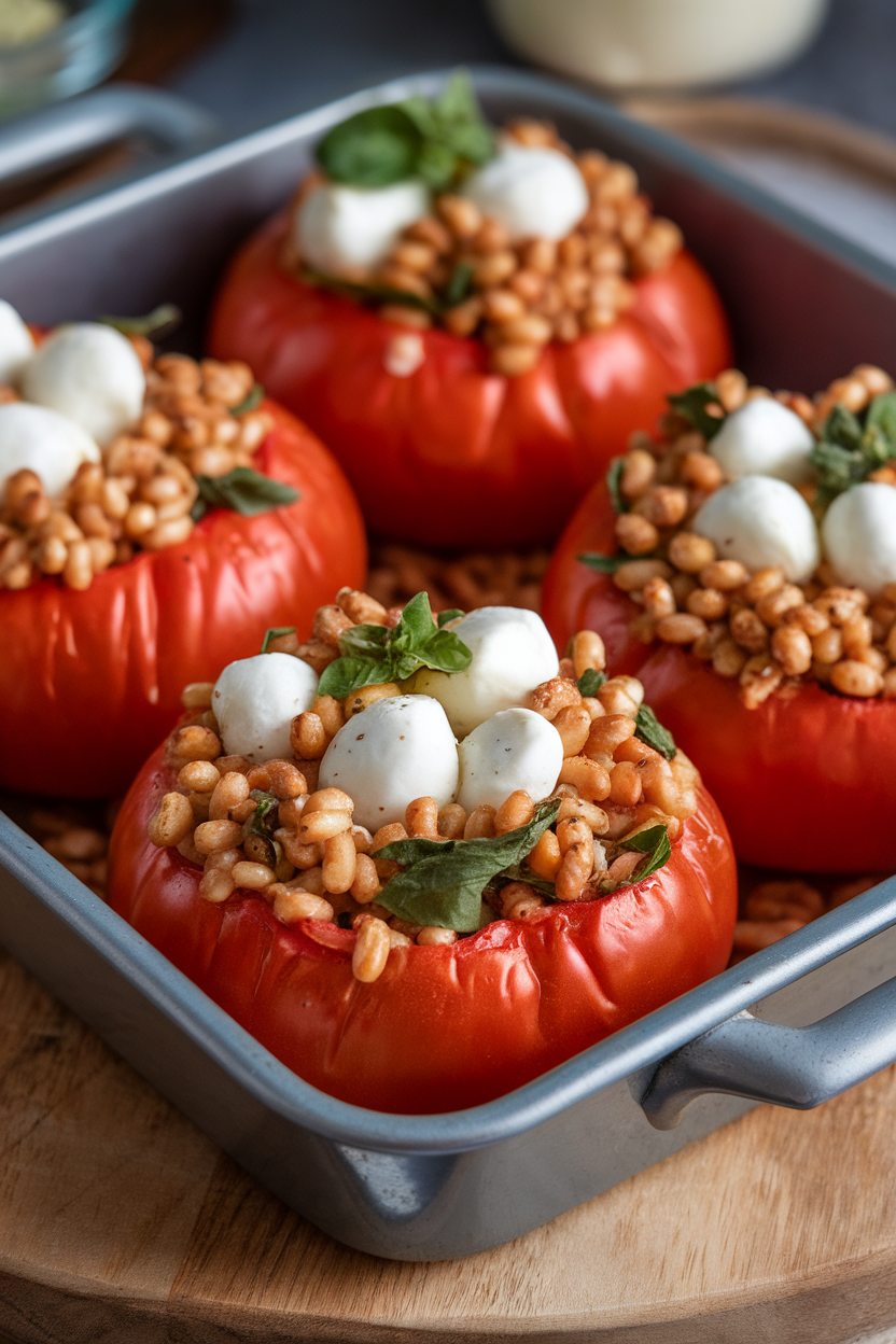 An indoor baking dish with large tomatoes filled with farro, mozzarella pearls, and basil, cheese melted slightly on top. No text or logos, photo.