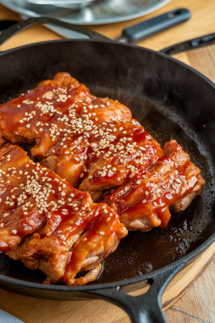 Indoor photo of sizzling pork bulgogi in a cast-iron pan, red gochujang glaze visible, sesame seeds sprinkled, no text or logos. Photo only.