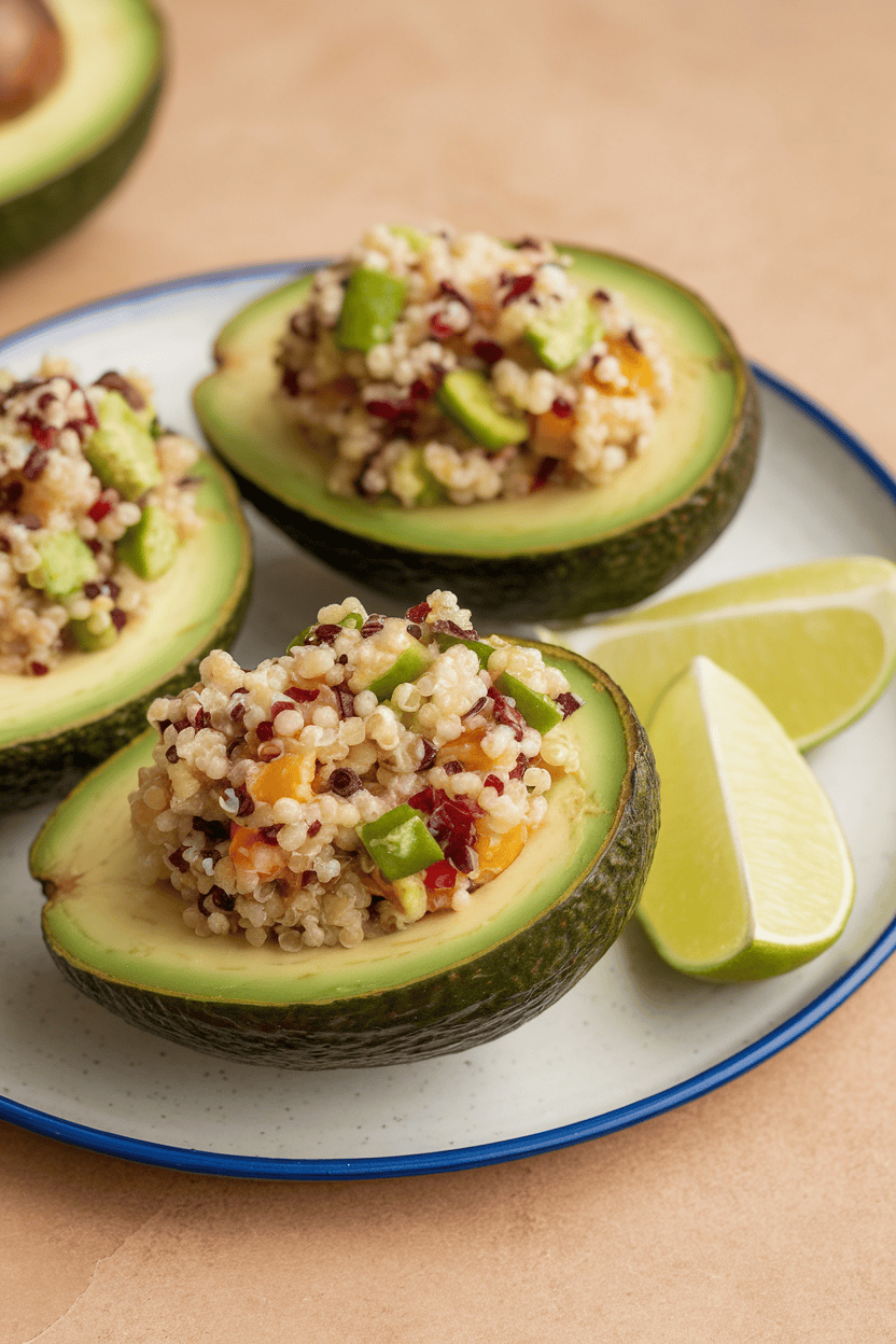 Indoor plate with halved avocados filled with colorful quinoa salad, lime wedges nearby, no branding