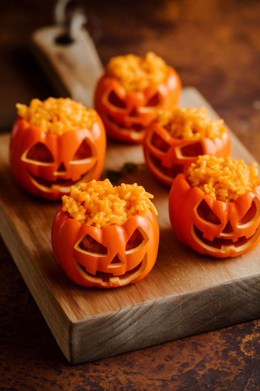 An indoor wooden board with orange mini bell peppers carved into smiling jack-o’-lantern faces, filled with cheesy rice. Photo, no text or logos.