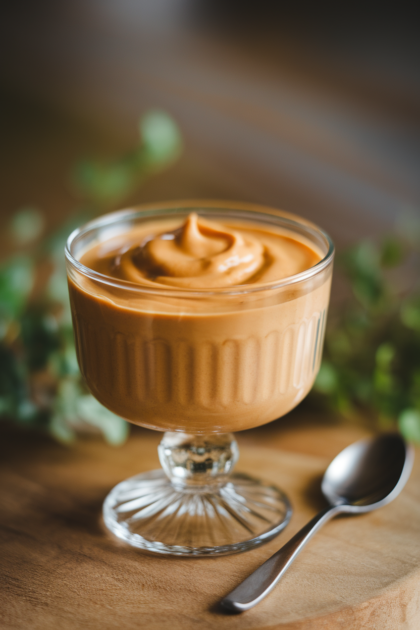Indoor close-up of a glass dessert cup filled with silky butterscotch pudding, caramel color gleaming, small spoon resting beside. No text or logos.