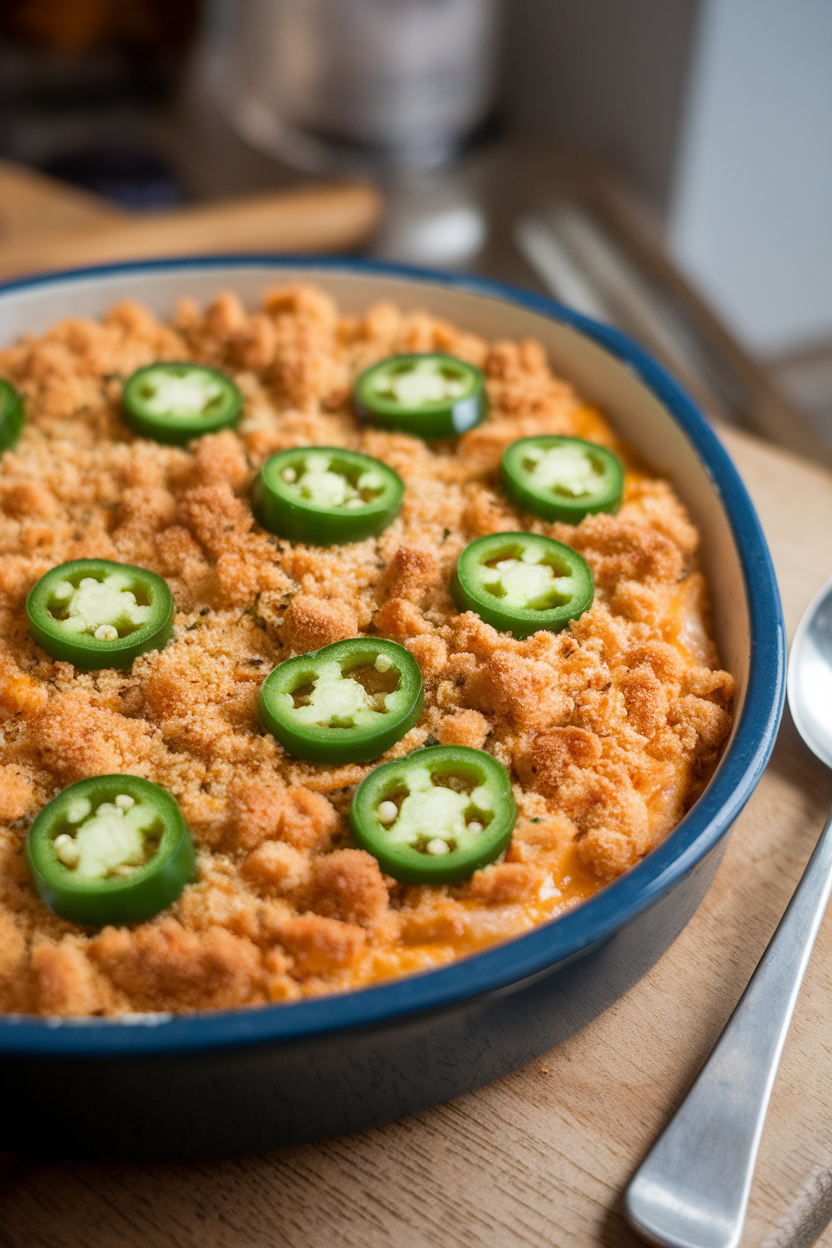 A warm indoor baking dish filled with golden jalapeño popper dip, bread crumb crust visible, jalapeño slices on top. Photo, no text or logos.
