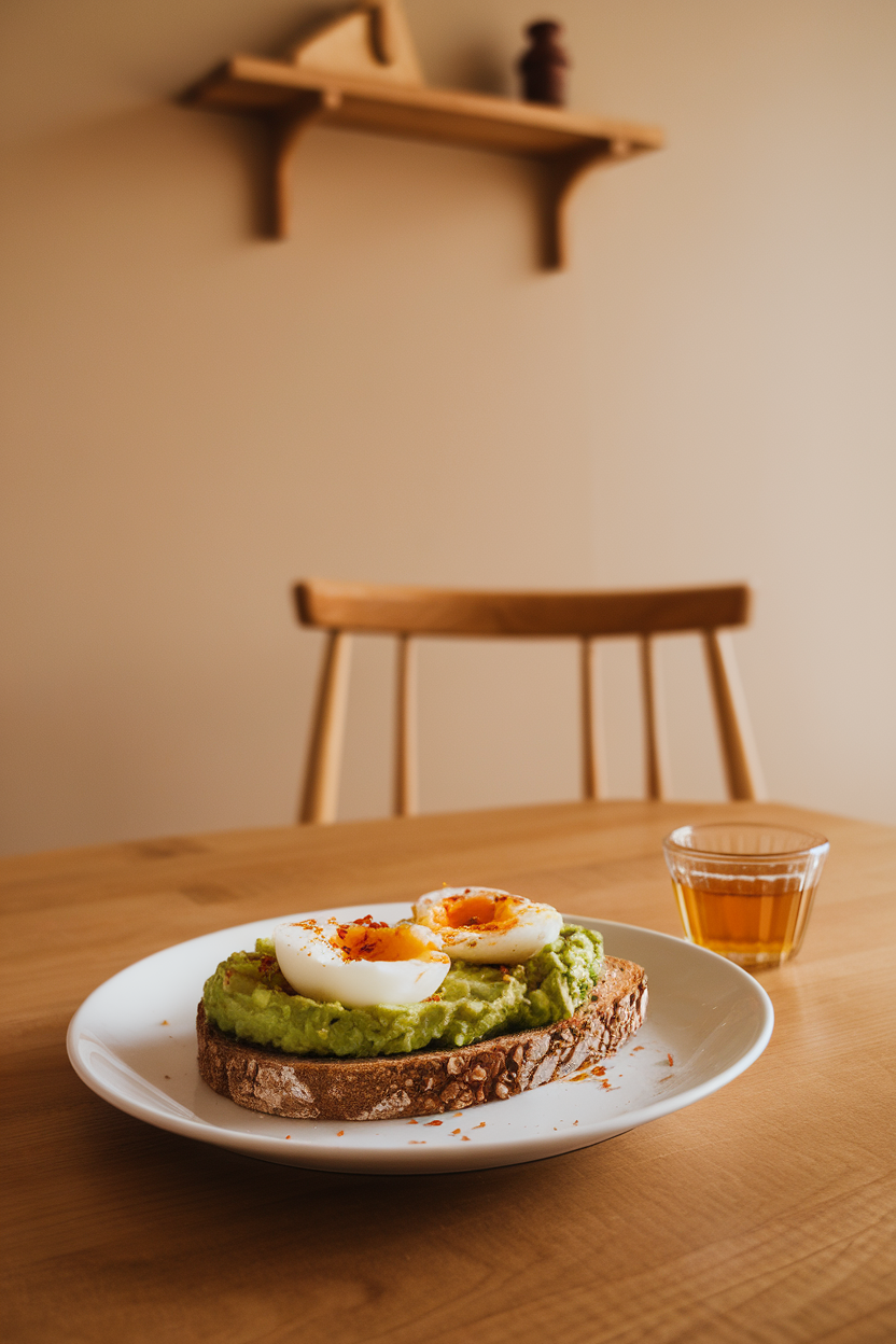 An indoor breakfast nook featuring a slice of toasted whole-grain bread topped with mashed avocado, a soft-boiled egg, and chili flakes. No logos or text; photo only.