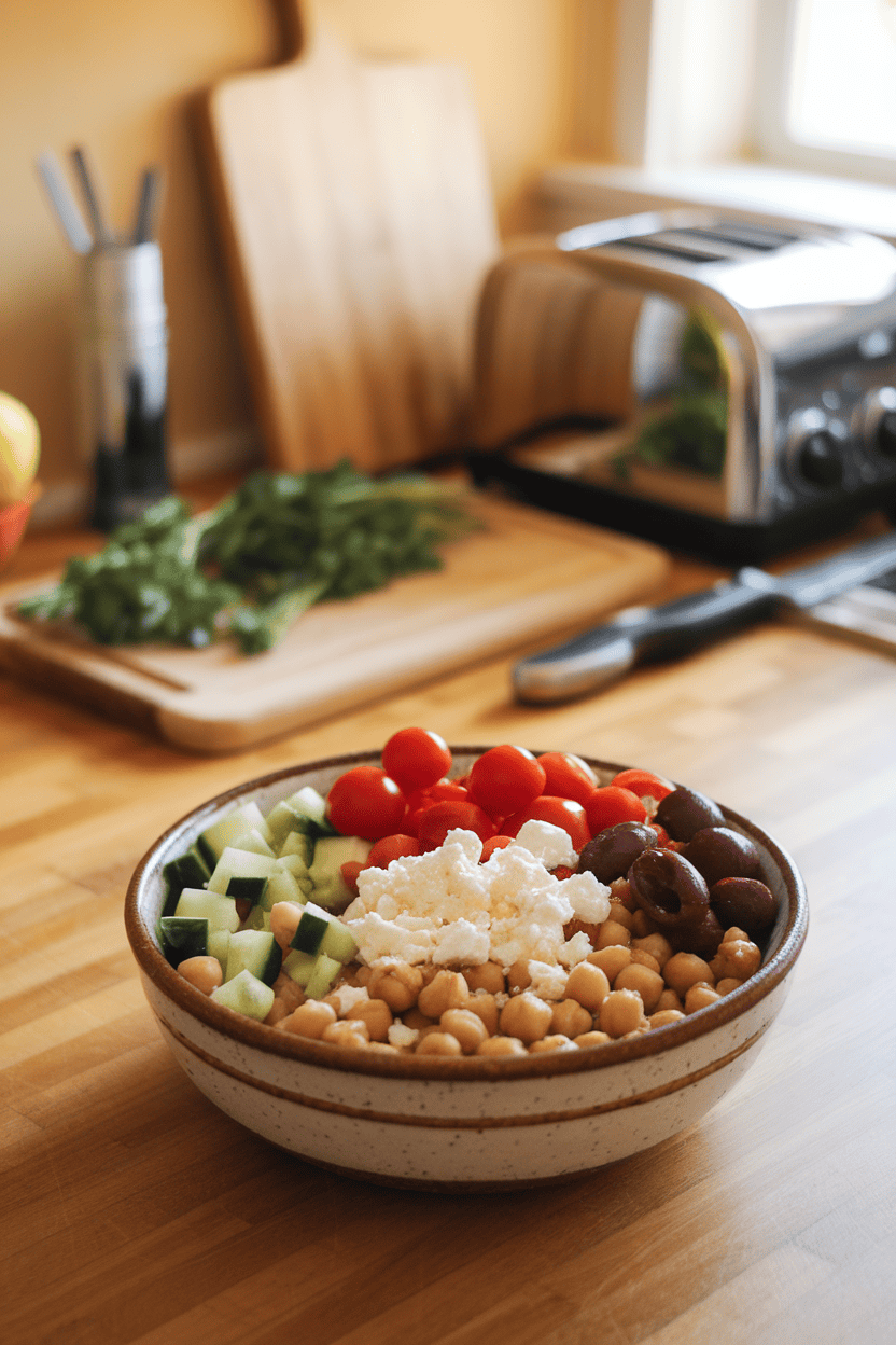 A warmly lit indoor kitchen counter featuring a ceramic bowl filled with chickpeas, diced cucumbers, cherry tomatoes, kalamata olives, and crumbled feta, lightly glistening with olive oil—overhead angle, no text or logos. Photo, not illustration.