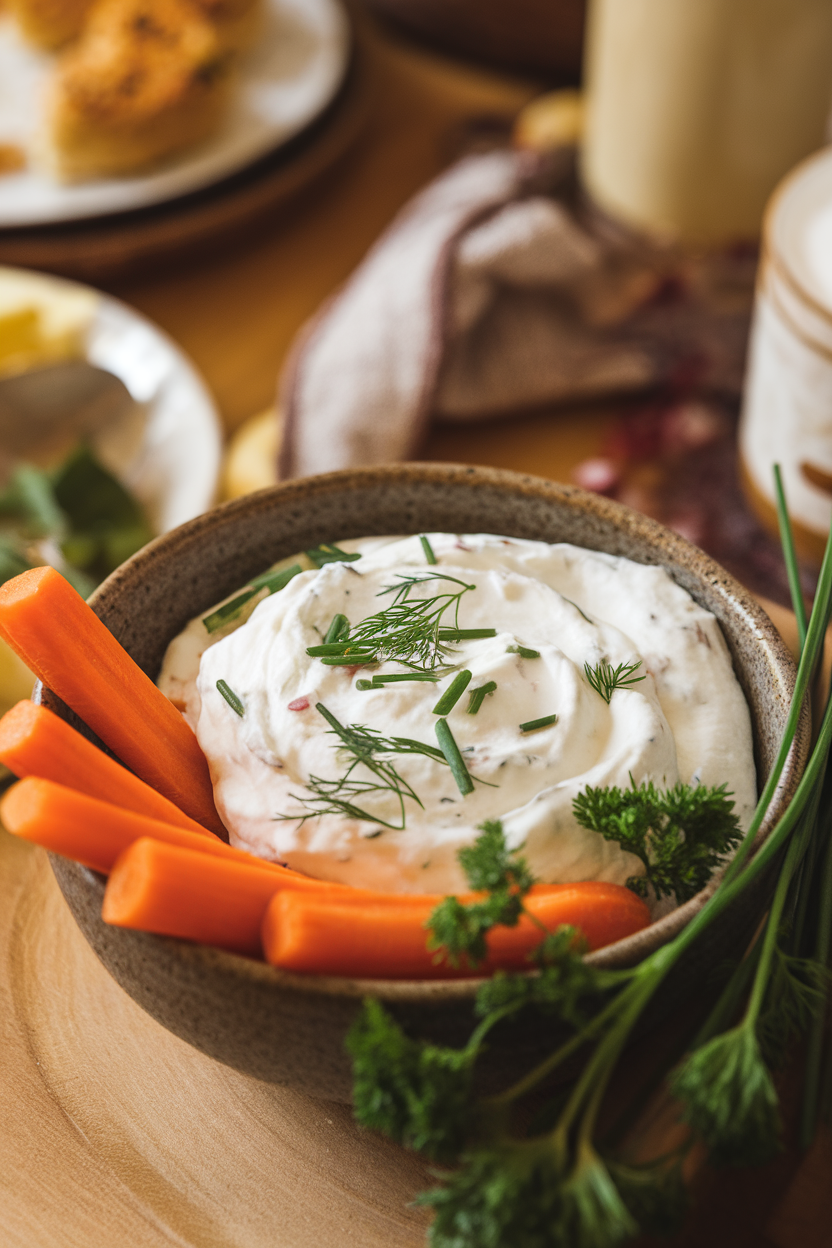 A warm indoor setting with a bowl of creamy yogurt dip speckled with parsley, chives, and dill, carrot sticks adjacent. Photo, no text or logos.