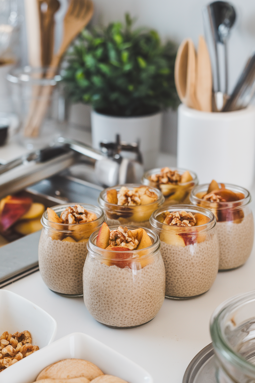 An indoor breakfast bar displaying jars of beige chia pudding topped with sautéed cinnamon apples and a sprinkle of crushed walnuts. No text or logos.