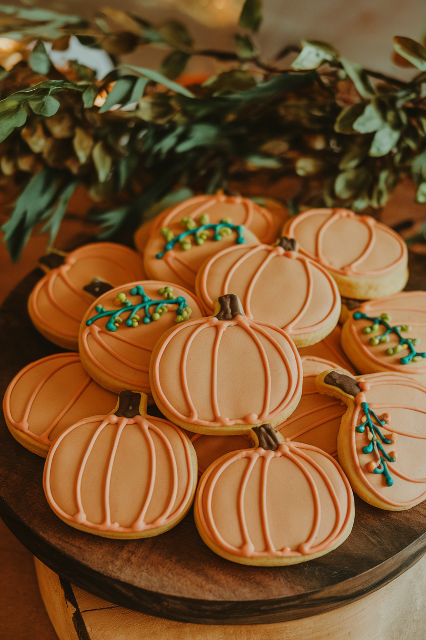 Indoor photo of pumpkin cookies sitting on piped piles of tiny multicolor leaf icing details, no text or logos.