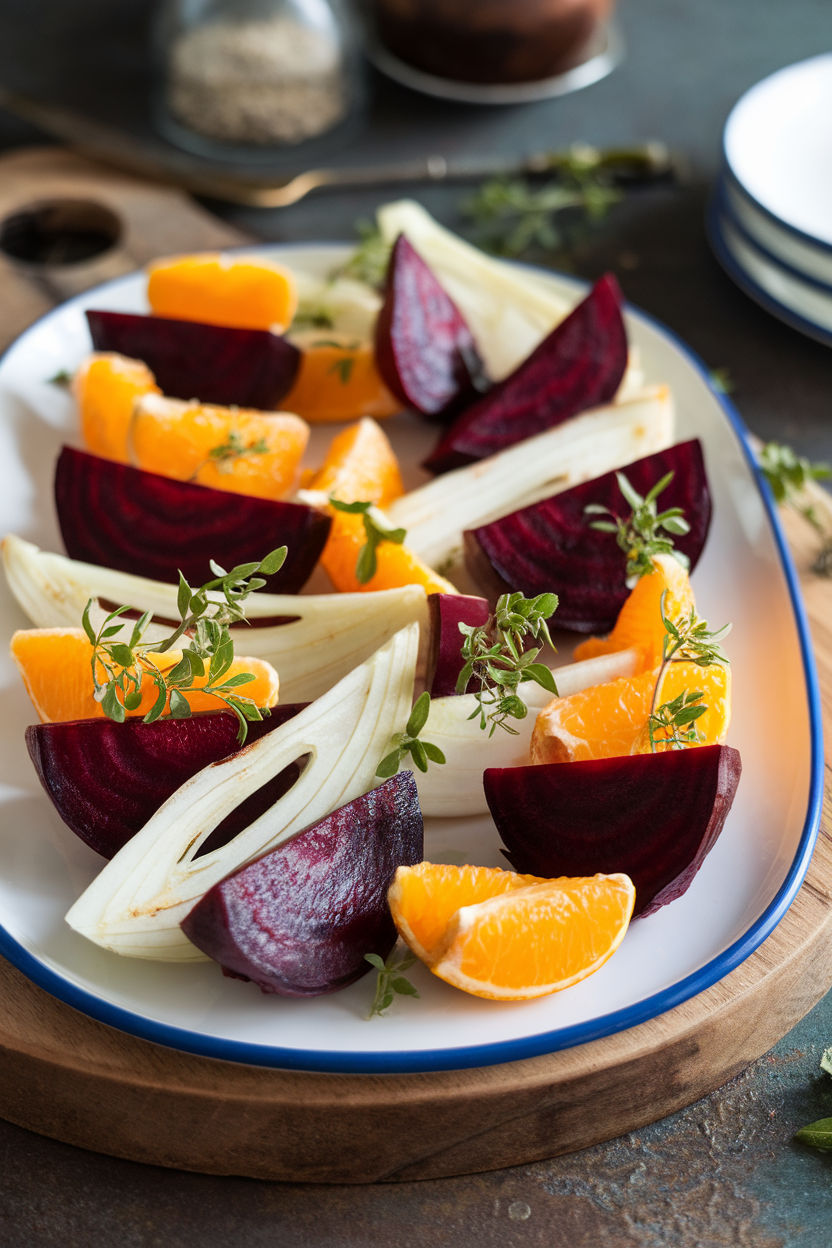 Indoor photo of roasted beet wedges, orange segments, and paper-thin fennel slices arranged on a white platter with herb sprigs; bright yet soft lighting, no text or logos.