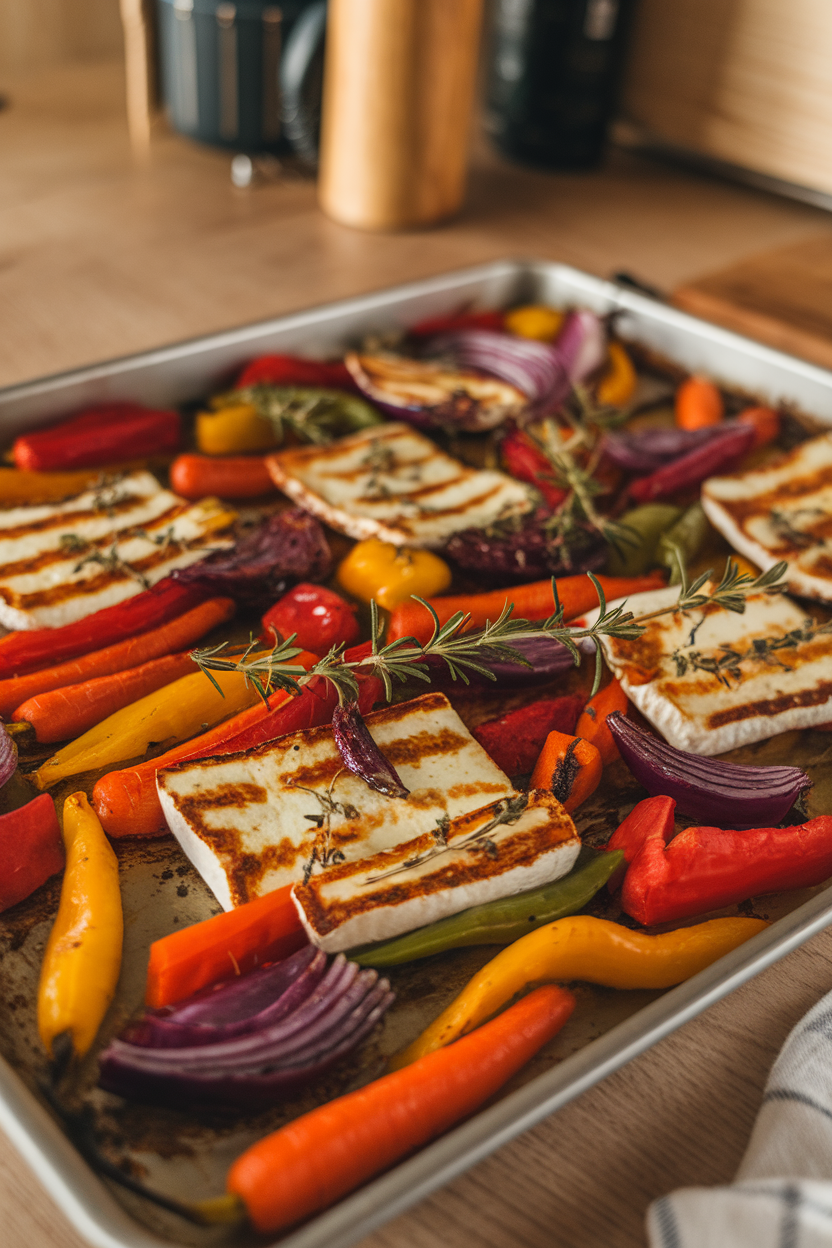 Sheet pan indoors holding colorful roasted vegetables and golden halloumi slices, garnished with fresh herbs. No text or logos.