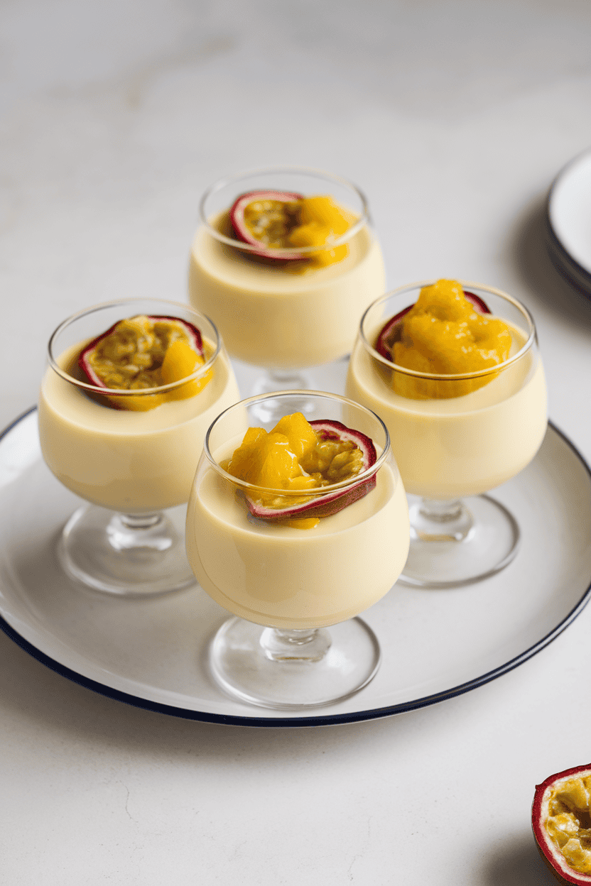 Indoor photo of silky panna cotta topped with bright yellow passion fruit pulp in stemless glasses, no text or logos