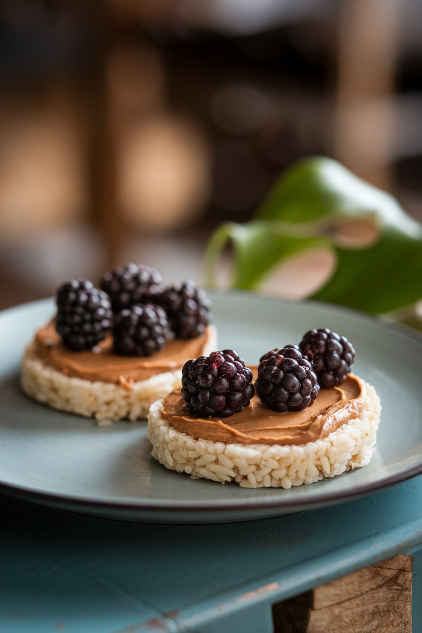 Photo of two rice cakes spread with almond butter and topped with fresh blackberries on an indoor plate. No text or logos.