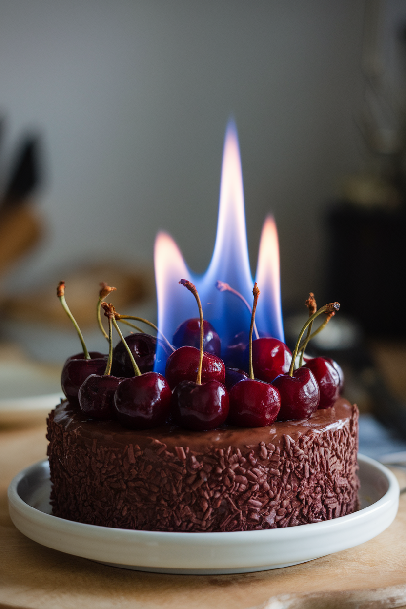 An indoor photo of a chocolate cake topped with brandied cherries, a controlled blue flame just extinguished, leaving glossy fruit. No text or logos, photo only.