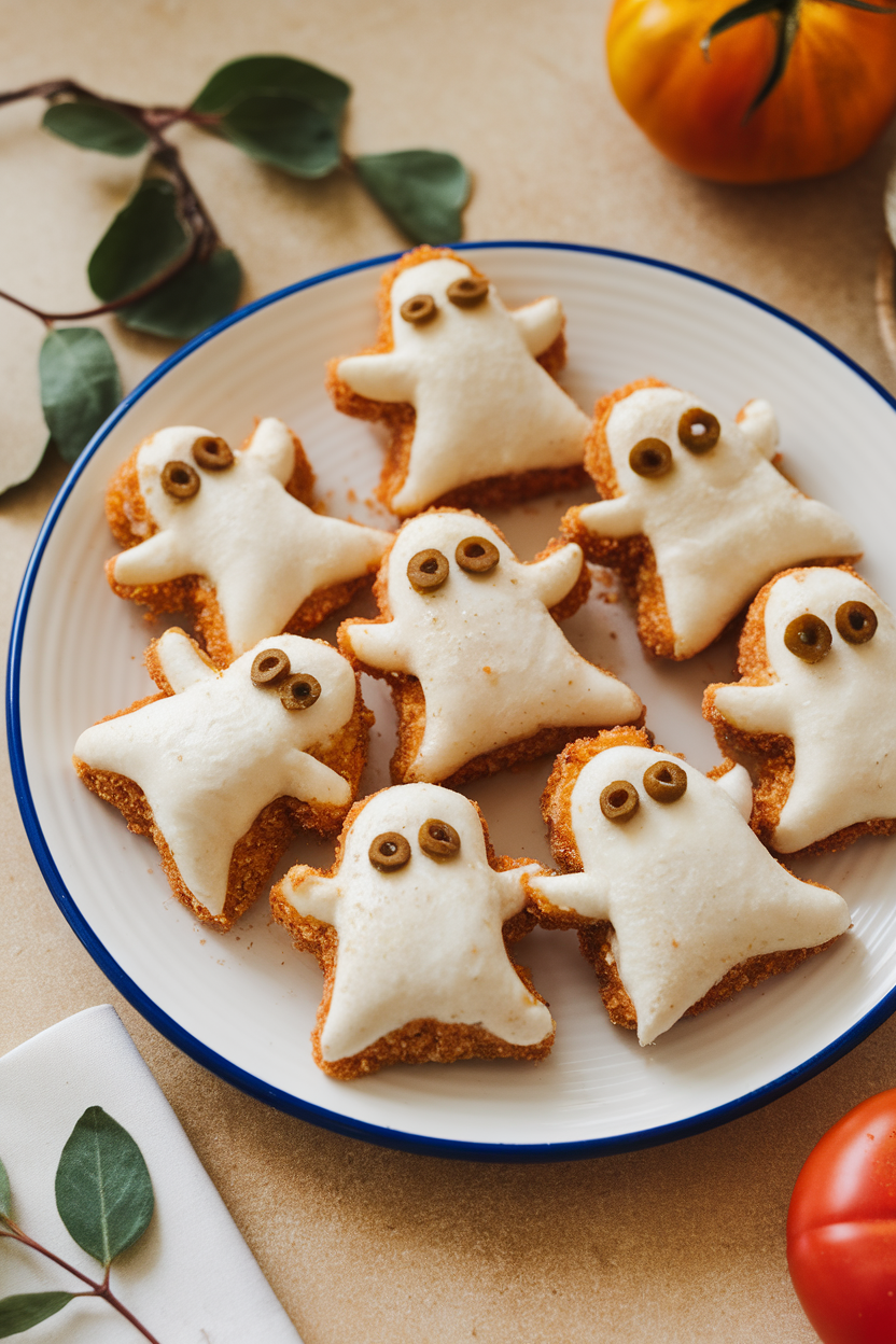 An indoor plate of baked mozzarella bites cut into ghost shapes, breading toasted golden with tiny olive bits for eyes. Photo, no text or logos.