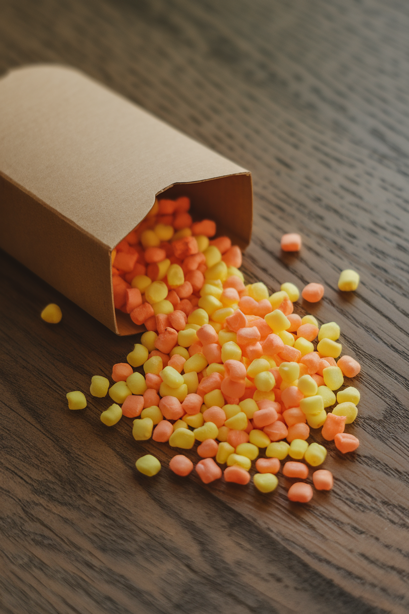 Photo of indoor tabletop with tiny tangy candy bits spilled from a small unmarked box, no logos