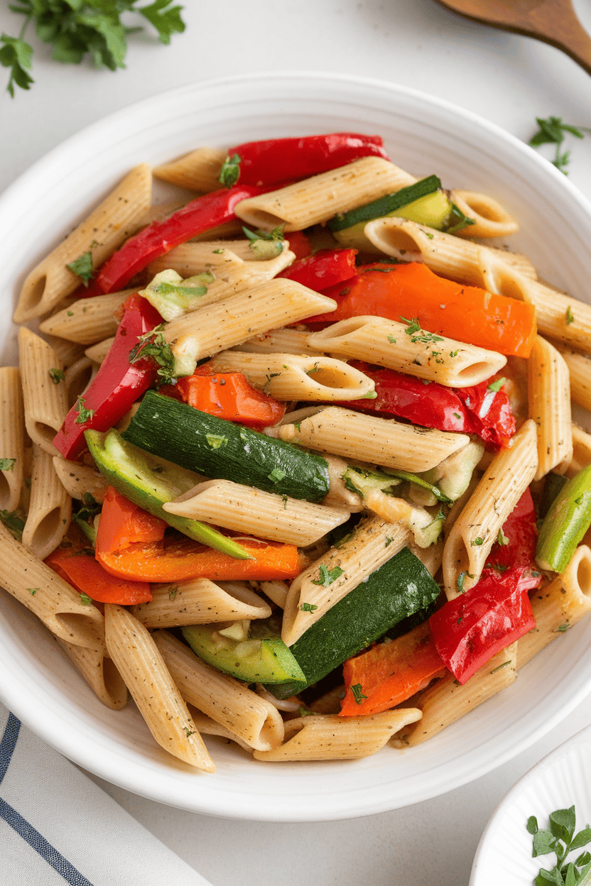 Indoor photo of whole-wheat penne tossed with colorful roasted vegetables and a light garlic sauce, no text or logos.