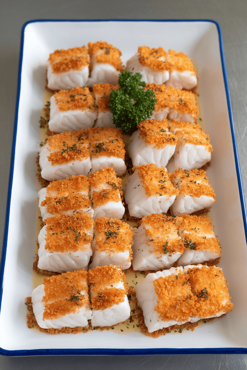 Indoor photo of flaky cod fillets with a golden panko crust on a rectangular white platter, parsley garnish. No text or logos.