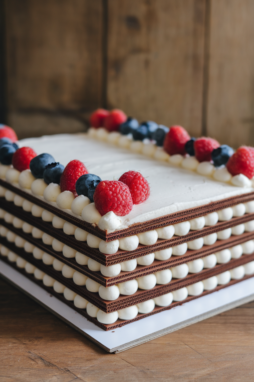 A rectangular icebox cake indoors showing neat layers of chocolate wafers and whipped cream, sliced cleanly, berries placed along the edge. Photo only, no text or logos.