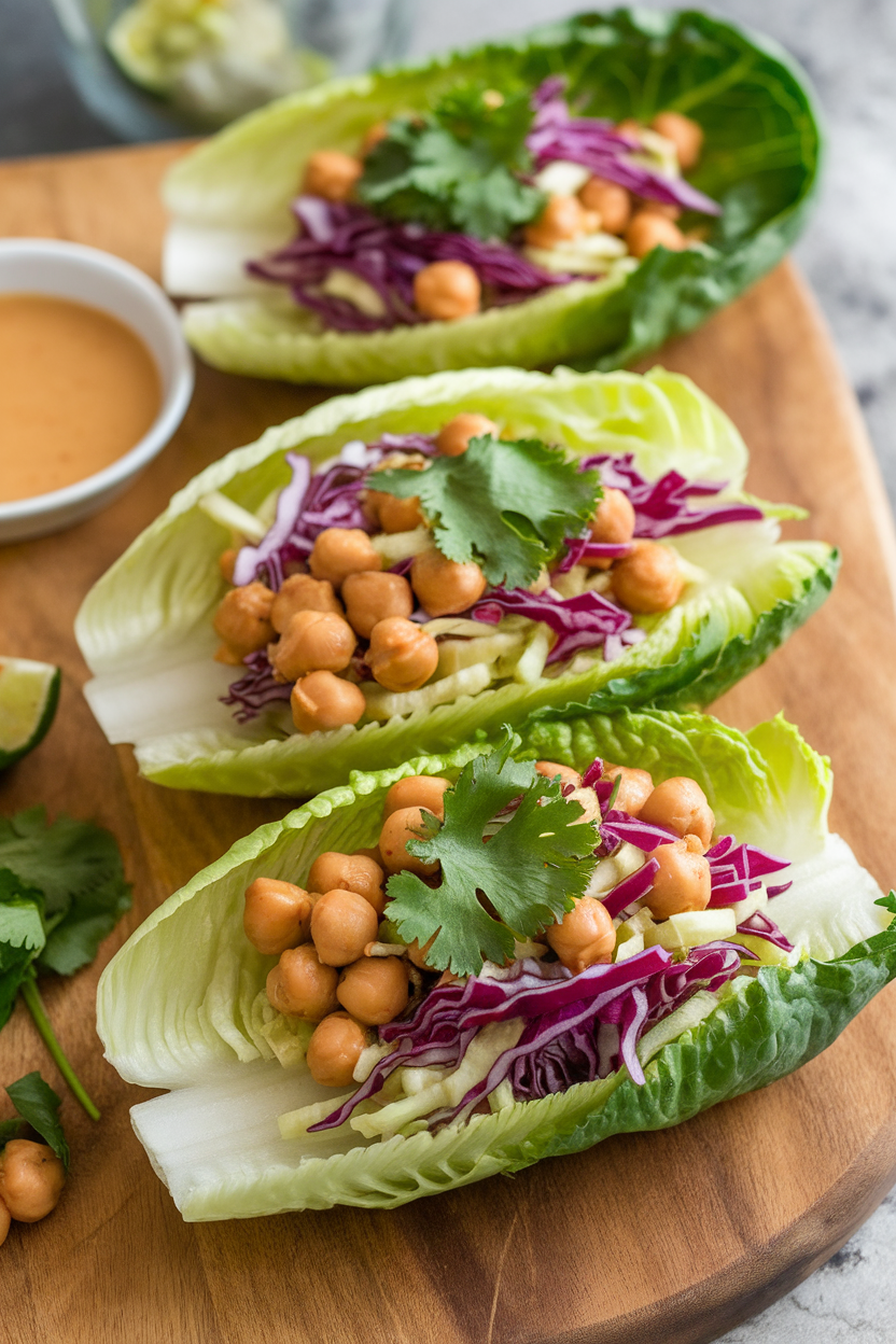 Indoor photo of romaine boats filled with peanut-lime dressed chickpeas, shredded purple cabbage, and cilantro. No text or logos.