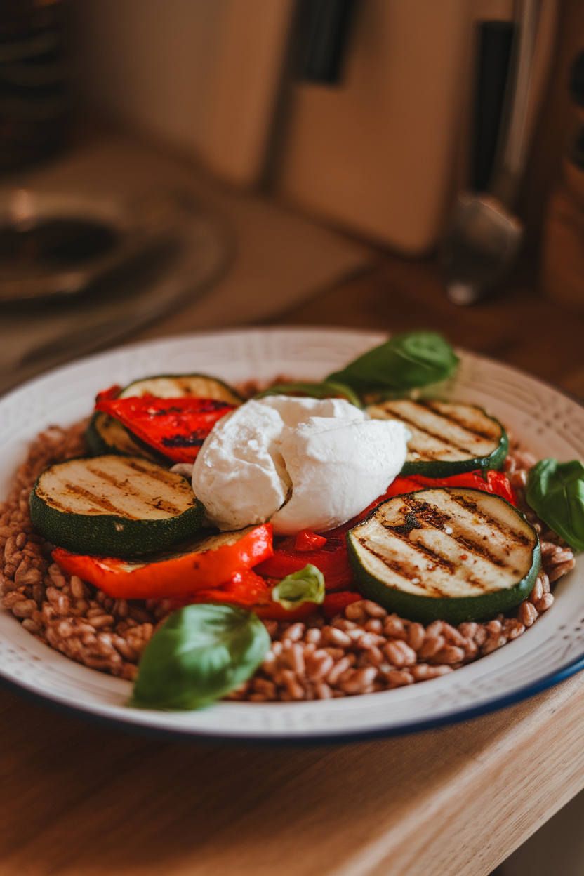 Warm indoor image of grilled zucchini and bell peppers on farro with torn burrata cheese. No text or logos.