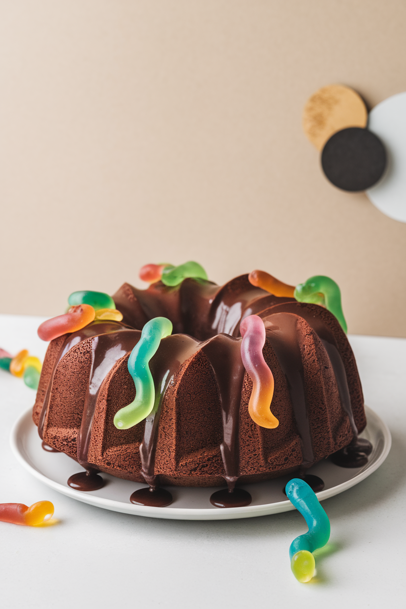 Indoor photo of a chocolate Bundt cake draped with shiny ganache and gummy worms crawling over it. No text or logos.