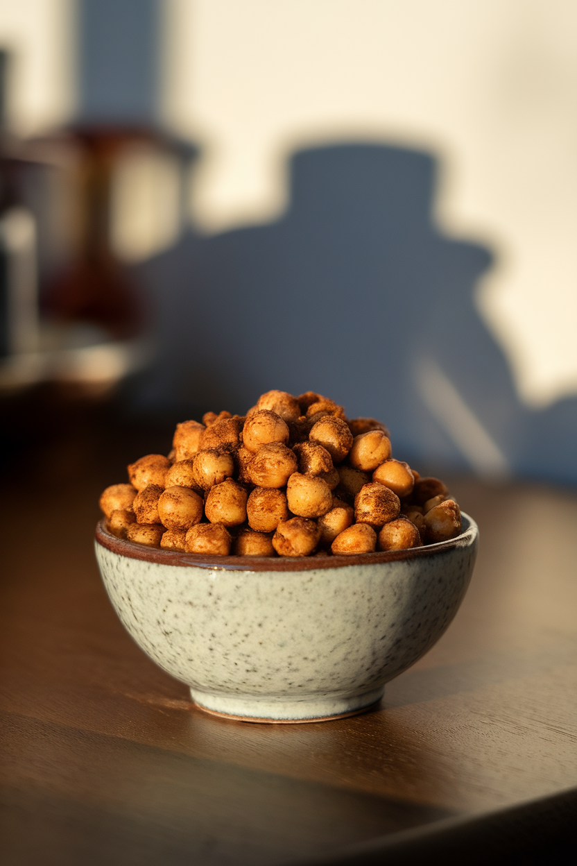 Indoor photo of a small bowl filled with crunchy roasted chickpeas coated in cinnamon and cumin; no text or logos.