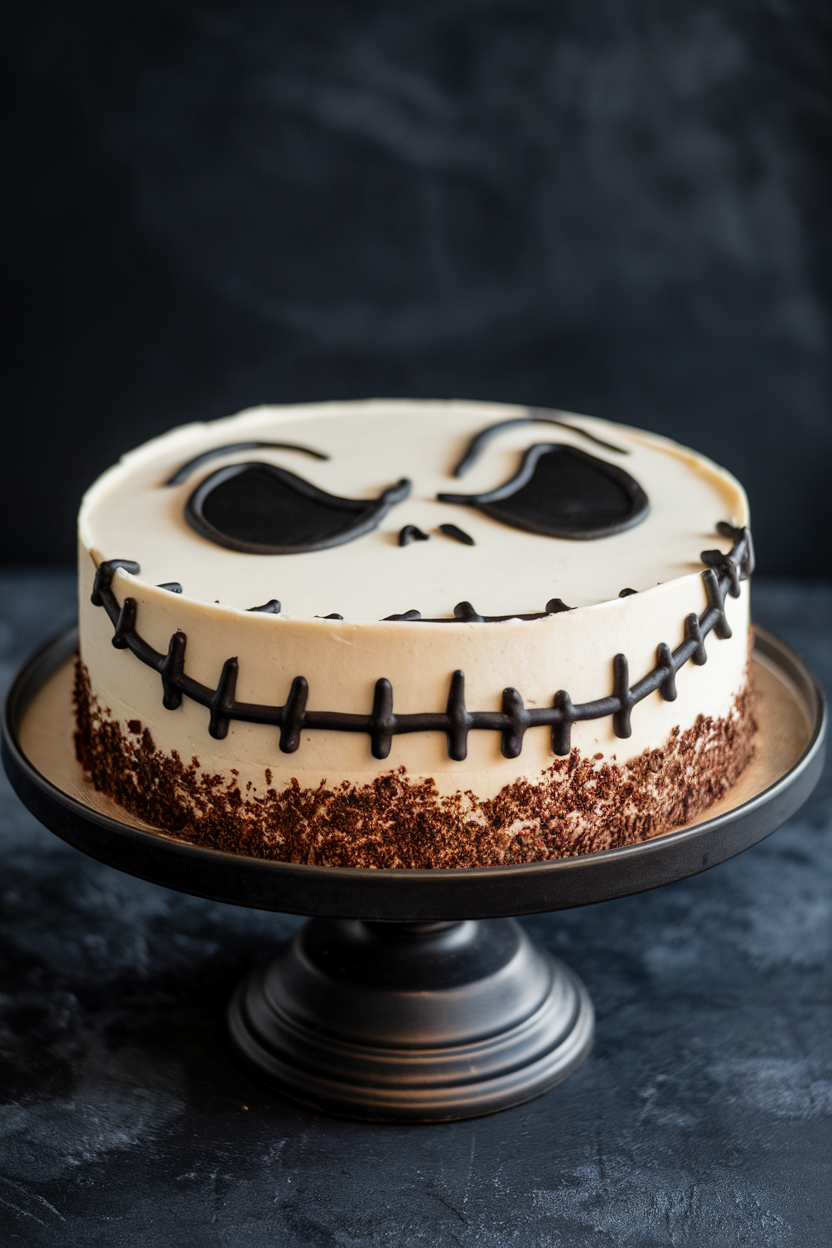 Indoor photo of a round cookies-and-cream cheesecake decorated with Jack Skellington’s face in black ganache, shown on dark cake stand. No text or logos.