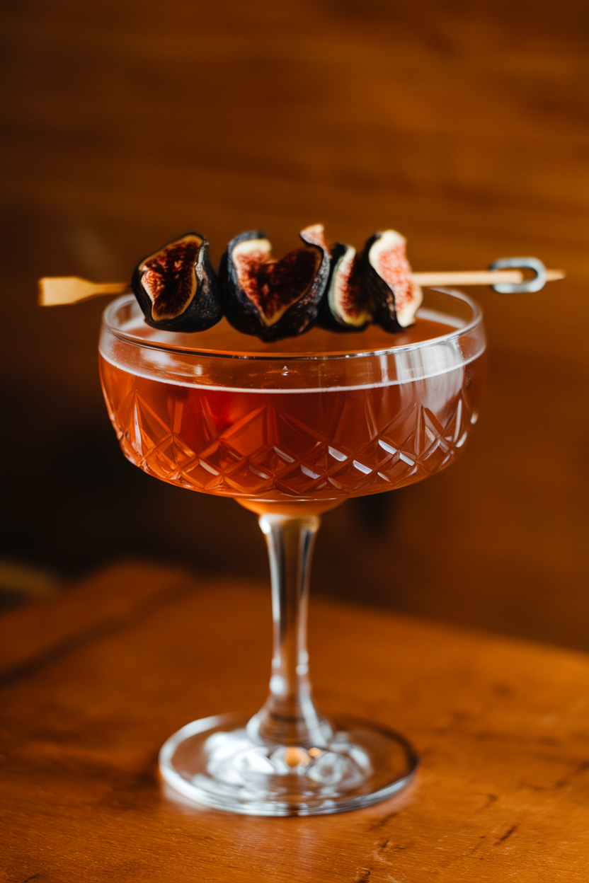 Photo of a crystal coupe indoors, showing a rich amber fig Manhattan garnished with a skewer of dried fig. Warm light, no text or logos.