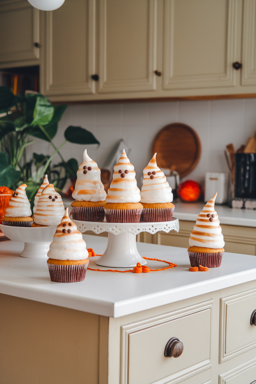 Indoor kitchen island showing vanilla cupcakes crowned with tall, toasted meringue shaped like ghosts, dotted with mini chocolate chip eyes, no text or logos.
