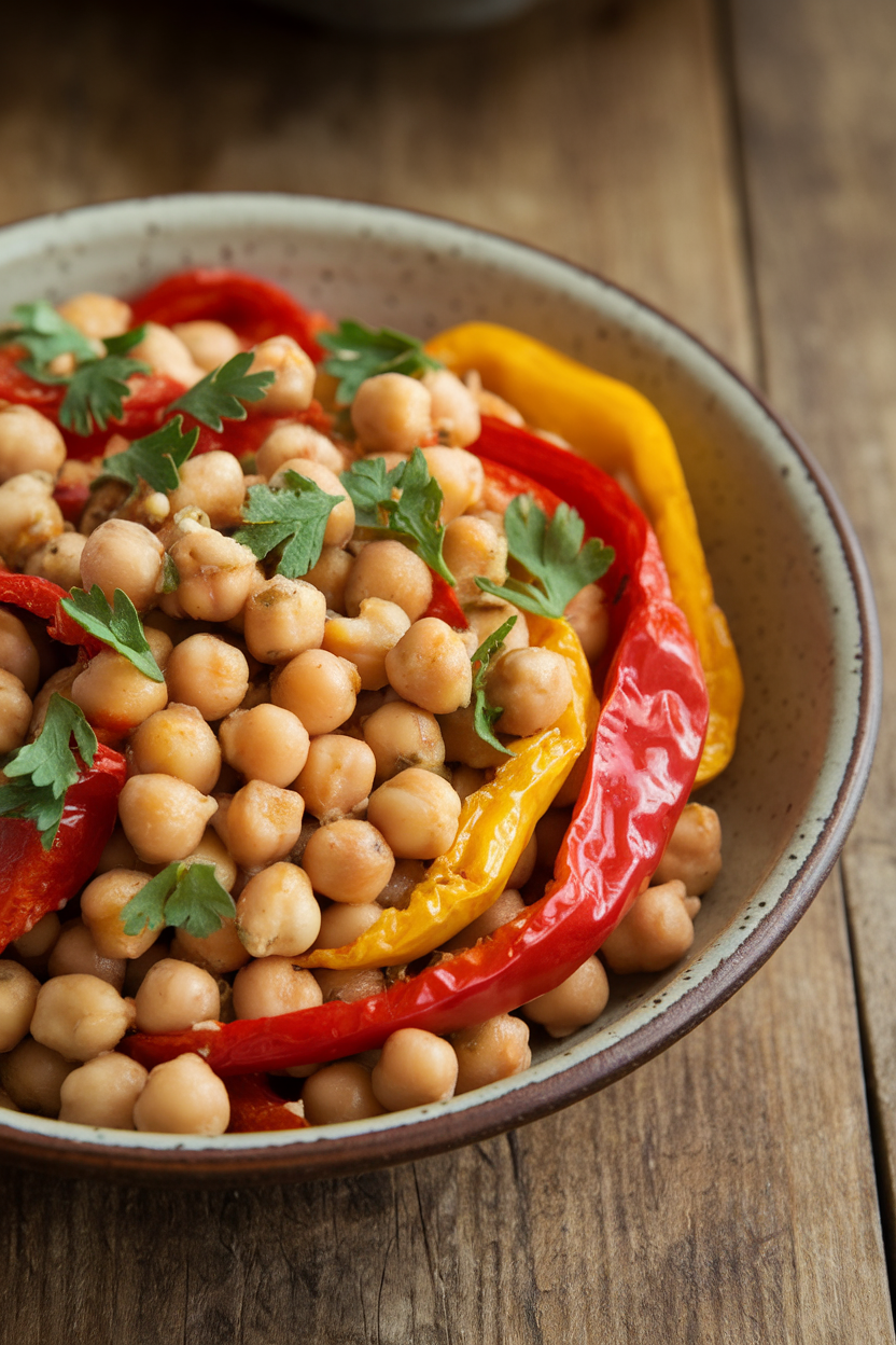 Indoor photo of warm chickpeas tossed with roasted red and yellow pepper strips, garnished with parsley in a ceramic dish; no text or logos.